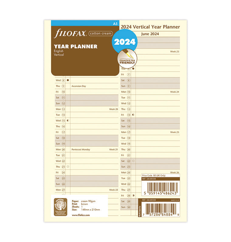 Filofax 2024 A5 Vertical Year Planner - Cotton Cream