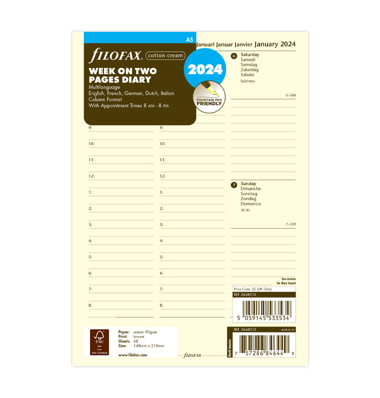 Filofax 2024 A5 Week on Two Pages - Diary with Appointments (Cotton Cream Paper)
