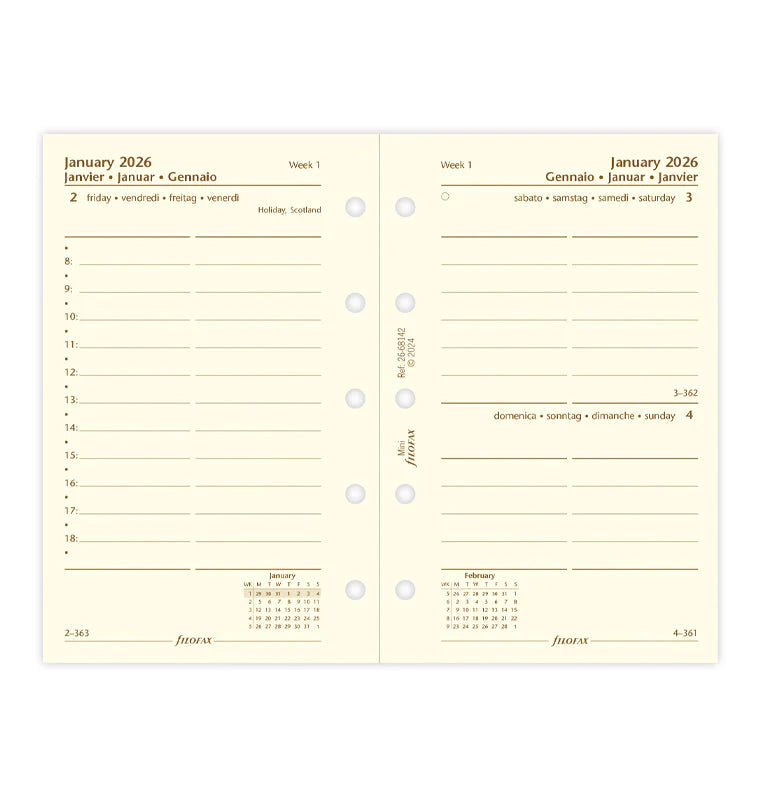 Filofax 2026 Mini One Day On A Page with Appointments Planner - Cotton Cream Multilanguage