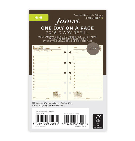 Filofax 2026 Mini One Day On A Page with Appointments Planner - Cotton Cream Multilanguage