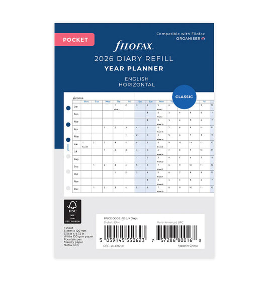 Filofax 2026 Pocket Horizontal Year Planner - English
