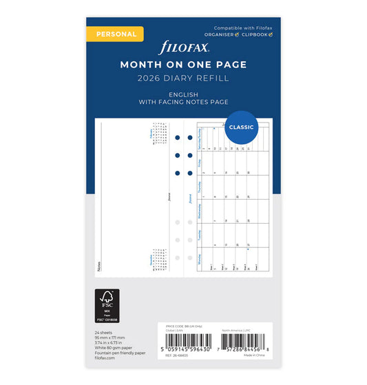 Filofax 2026 Month on a Page with Facing Notes Page Planner