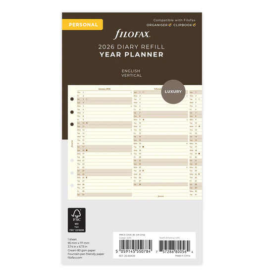 Filofax 2026 Personal Vertical Year Planner - Cream - English