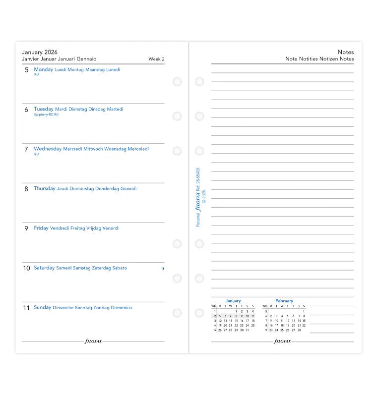 Filofax 2026 Week on a Page with Notes Planner - Multilanguage