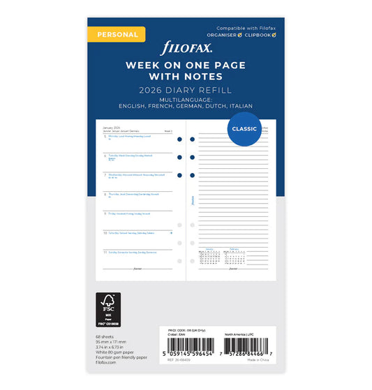 Filofax 2026 Week on a Page with Notes Planner - Multilanguage