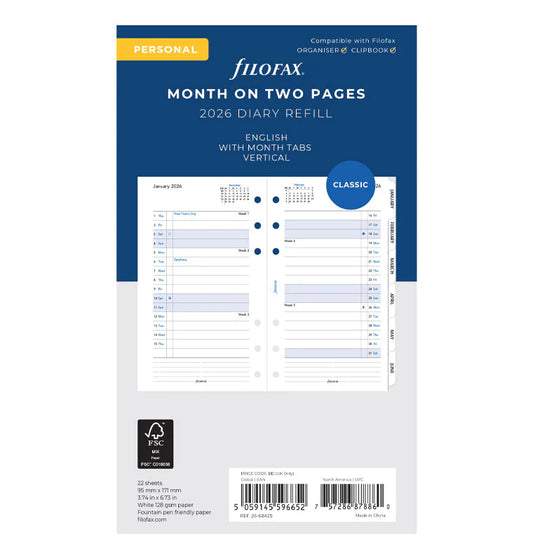 Filofax 2026 Personal Month to View Tabbed Planner - English