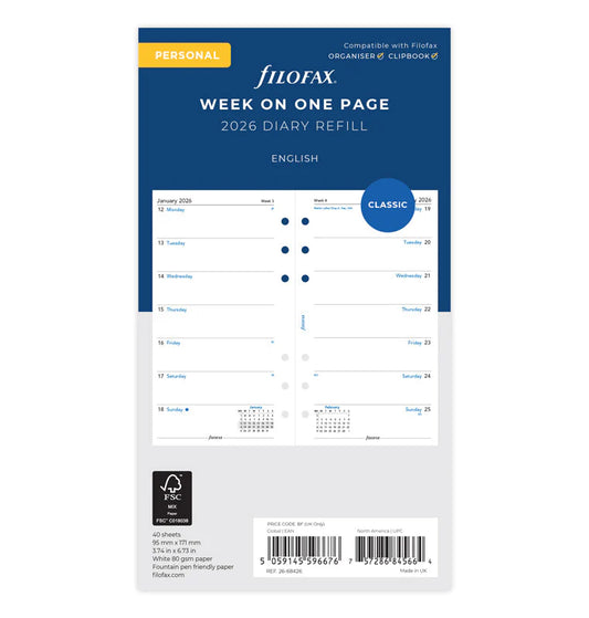 Filofax 2026 Week on One Page Diary Planner - English