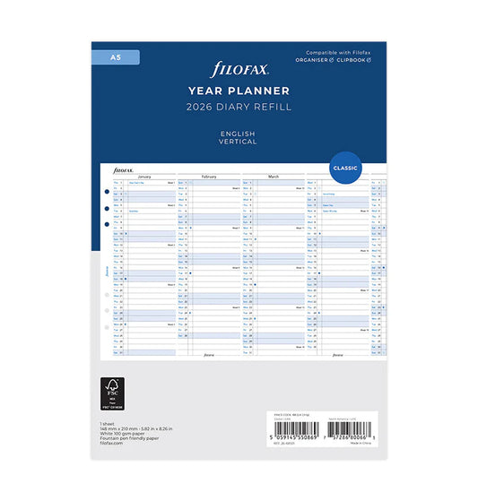 Filofax 2026 Vertical Year Planner - English (A5)