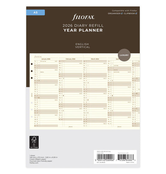 Filofax 2026 Refill Vertical Year Planner - English - Cream