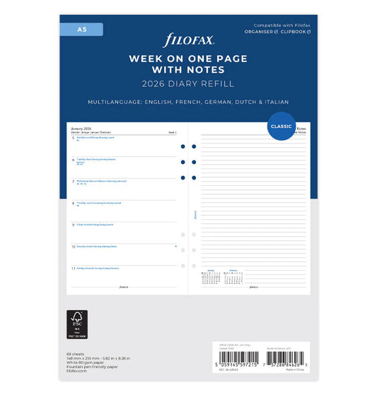 Filofax 2026 Week On One Page Dairy Planner with Notes - Multilanguage (A5)