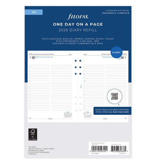 Filofax 2026 One Day On A Page Planner - Multilanguage (A5)
