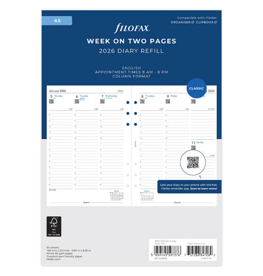 Filofax 2026 Week to View with Appointments Planner - English (A5)