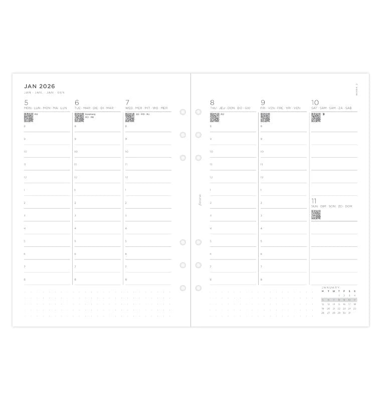 Filofax Recharge Agenda 2026 Semainier A5 – 5 Langues + Codes QR Pour Rappels Sur Smartphone