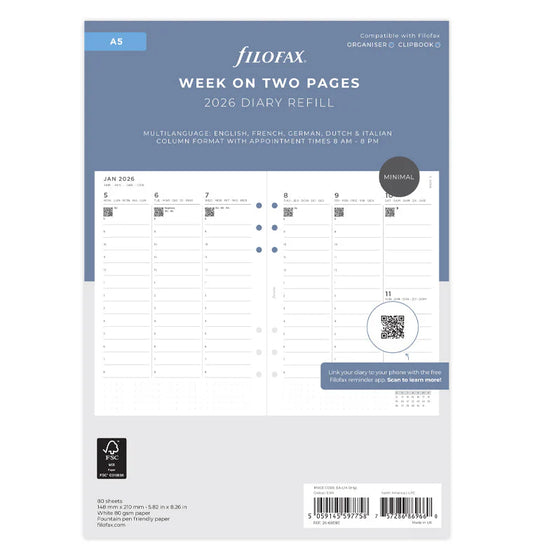 Filofax 2026 Minimal Vertical Week to View with Appointments Planner (A5)