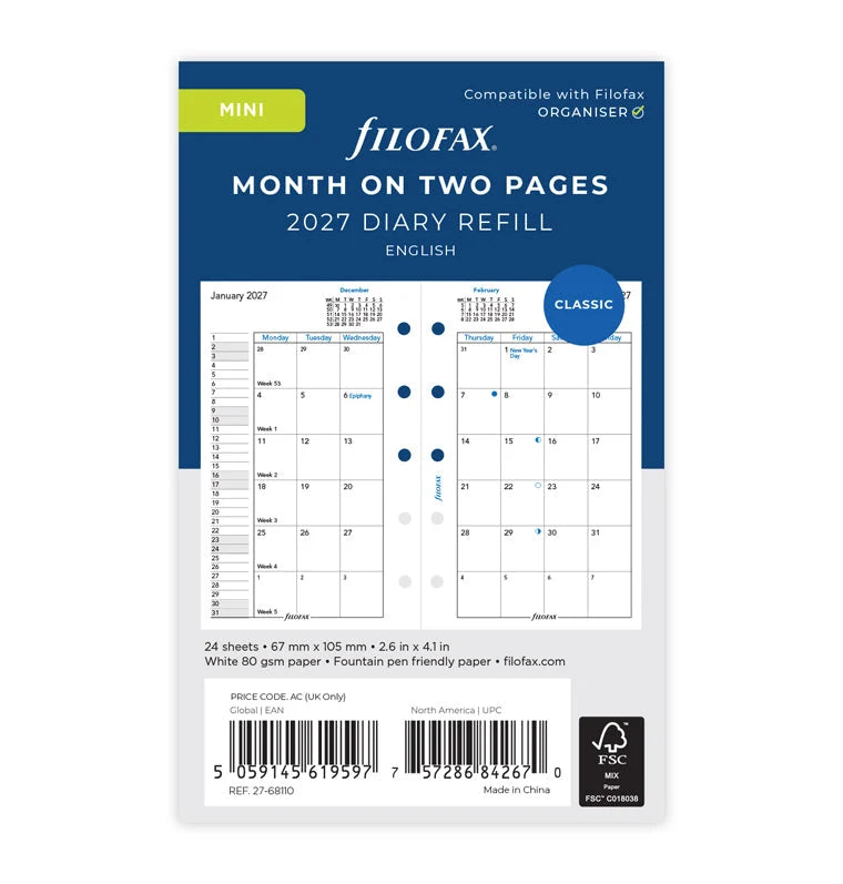 Filofax 2027 Mini Month On Two Pages Diary - English