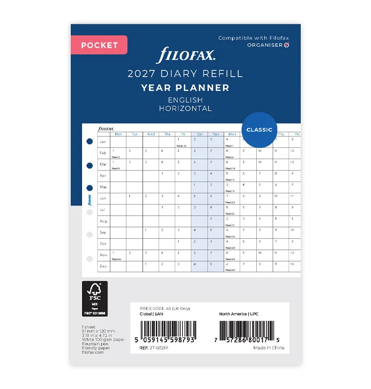 Filofax 2027 Pocket Horizontal Year Planner - English