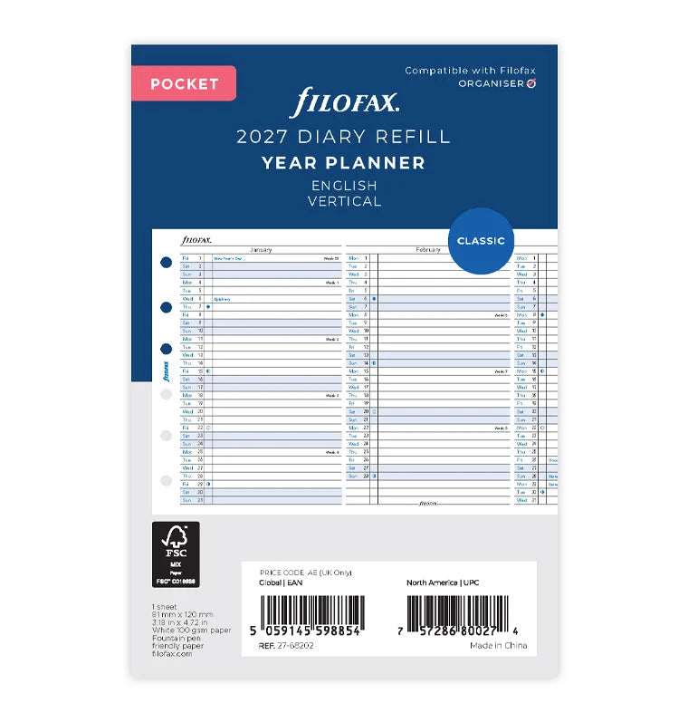 Filofax 2027 Pocket Vertical Year Planner - English
