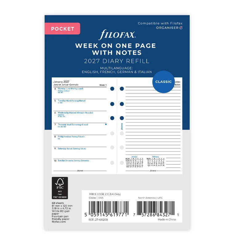 Filofax 2027 Pocket Week On One Page Diary with Notes - English