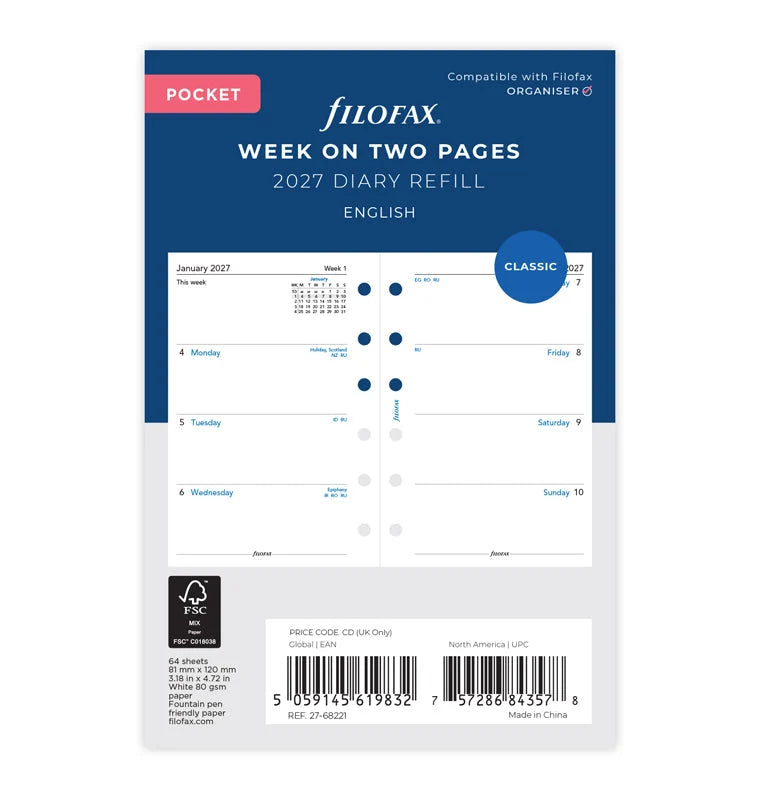 Filofax 2027 Pocket Week On Two Pages Diary - English