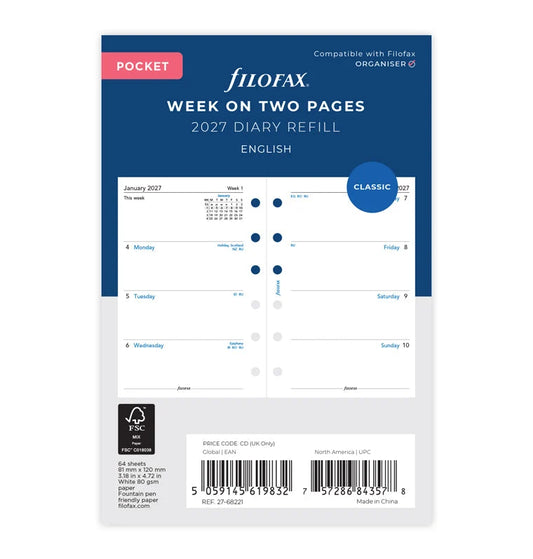 Filofax 2027 Pocket Week On Two Pages Diary - English