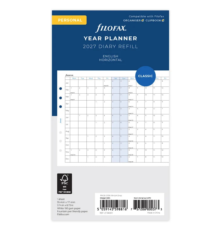 Filofax 2027 Personal Horizontal Year Planner - English
