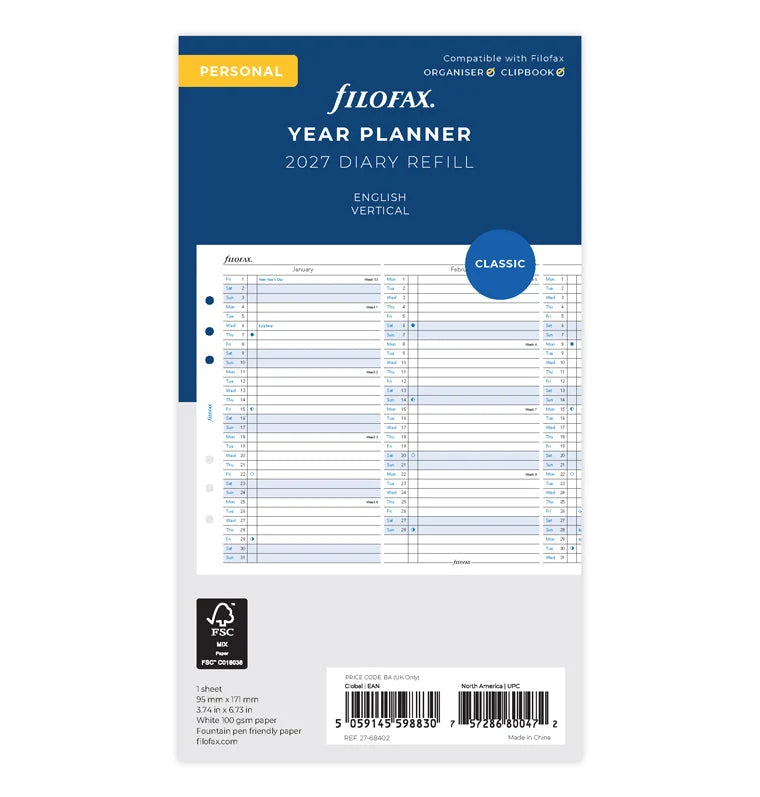 Filofax 2027 Personal Vertical Year Planner - English