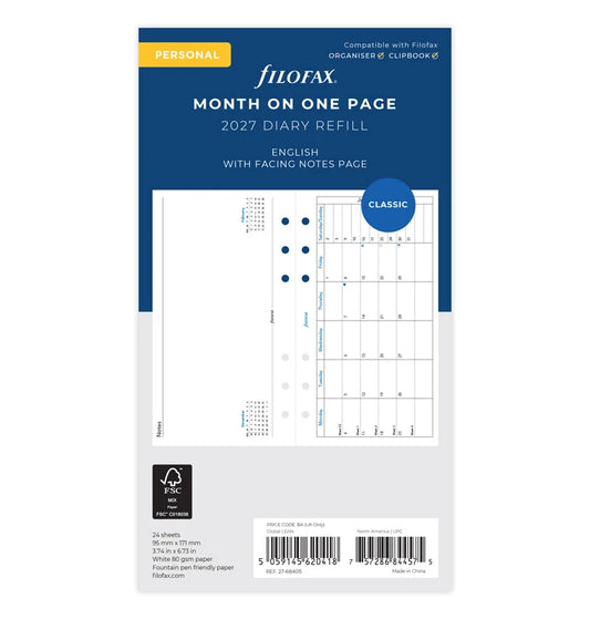 Filofax 2027 Personal Month On One Page with Notes - English