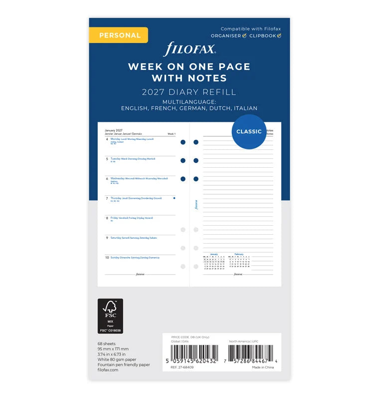 Filofax 2027 Personal Week On One Page Diary with Notes - Multilanguage