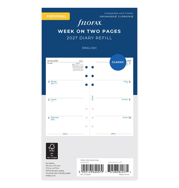 Filofax 2027 Personal Week On Two Pages Diary - English