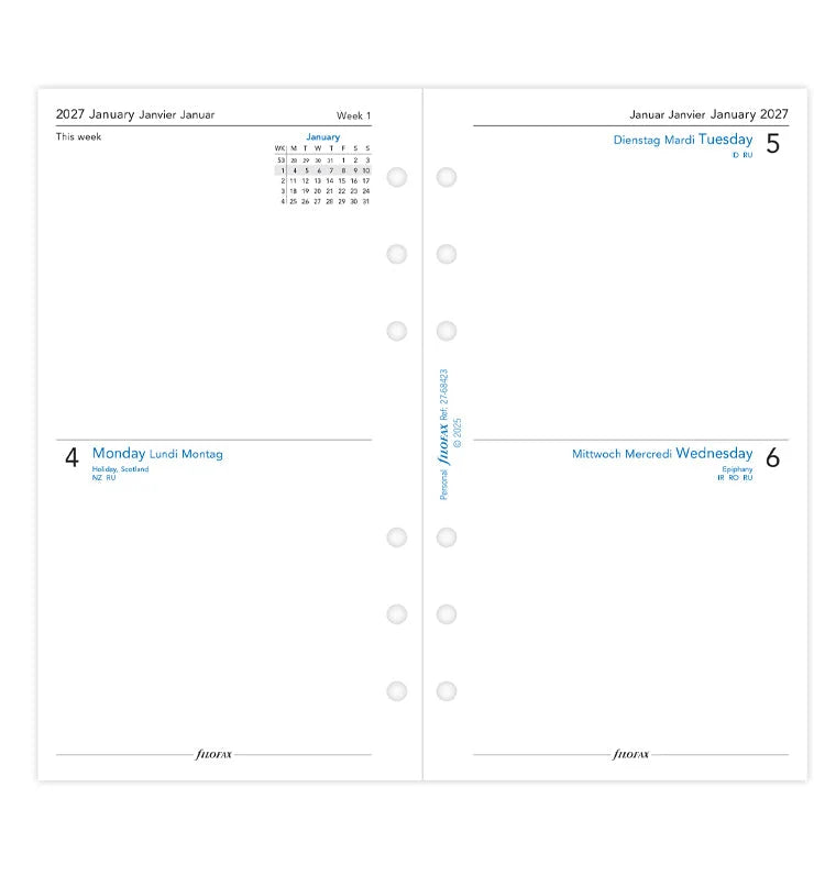 Filofax 2027 Personal Two Days On One Page  Diary - English/French/German
