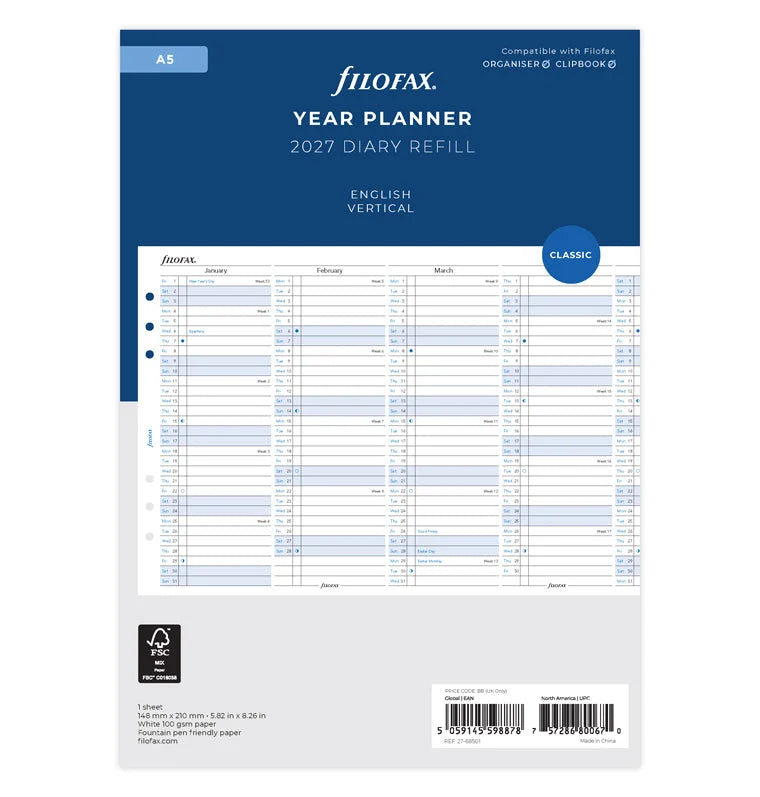 Filofax 2027 A5 Vertical Year Planner - English