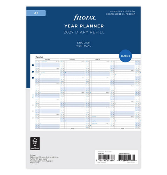 Filofax 2027 A5 Vertical Year Planner - English