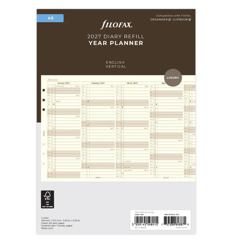 Filofax 2027 A5 Vertical Year Planner - English (Cream)