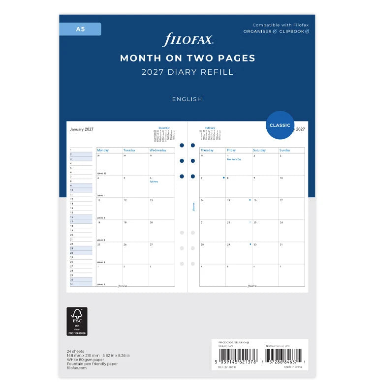Filofax 2027 A5 Month On Two Pages Diary - English