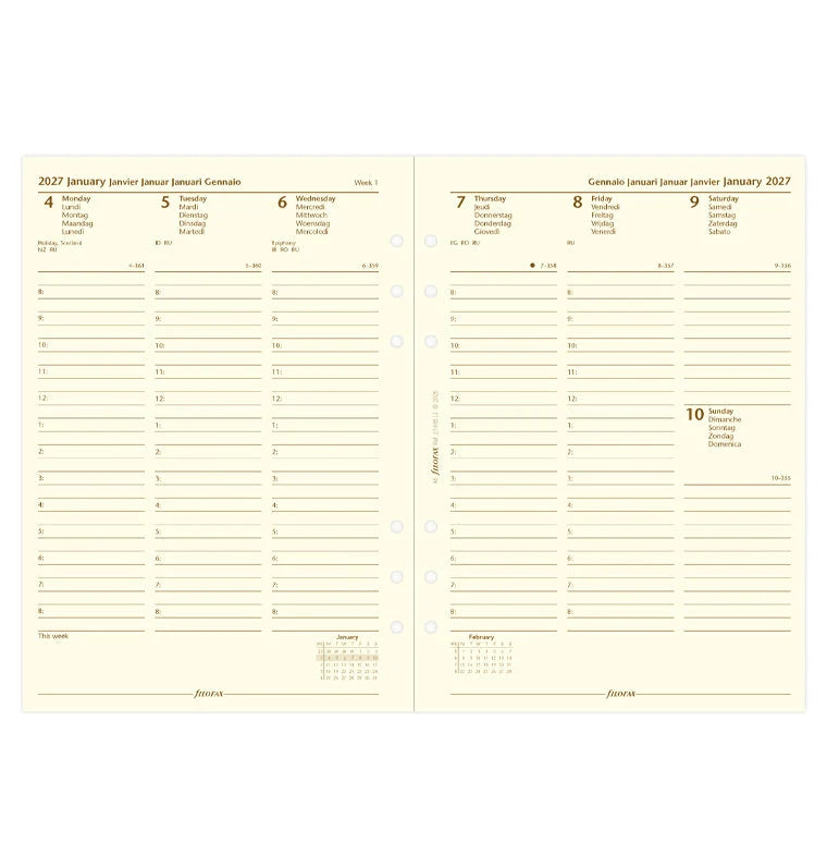 Filofax 2027 A5 Week On Two Pages Diary with Appointments - Multilanguage (Cream)