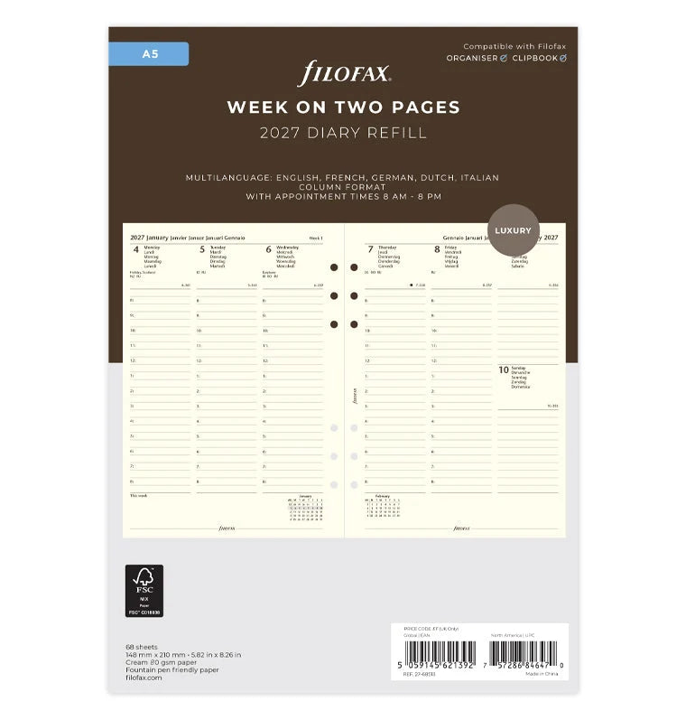 Filofax 2027 A5 Week On Two Pages Diary with Appointments - Multilanguage (Cream)