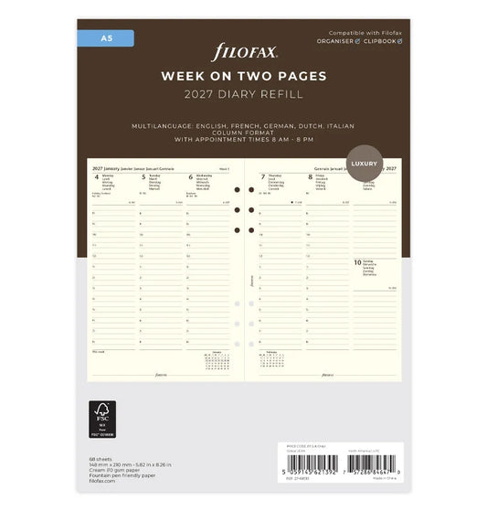 Filofax 2027 A5 Week On Two Pages Diary with Appointments - Multilanguage (Cream)