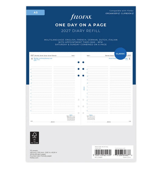 Filofax 2027 A5 One Day On A Page Diary with Appointments - Multilanguage