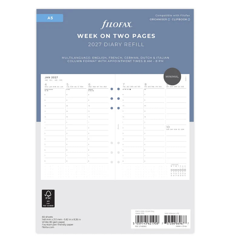 Filofax 2027 A5 Minimal Week On Two Pages Vertical Diary with Appointments - Multilanguage
