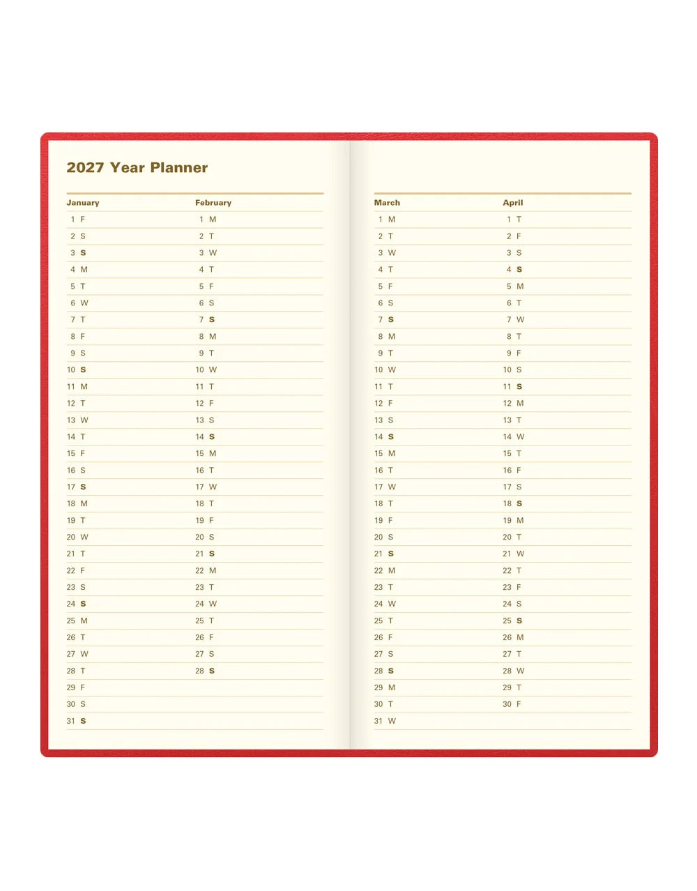 Letts of London 2027 Slim Belgravia Week to View Planner - Red (Upright)