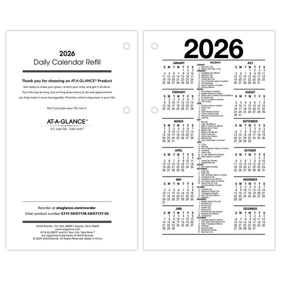 At-A-Glance 2026 Daily Loose-Leaf Desk Calendar Refill (6" x 4")