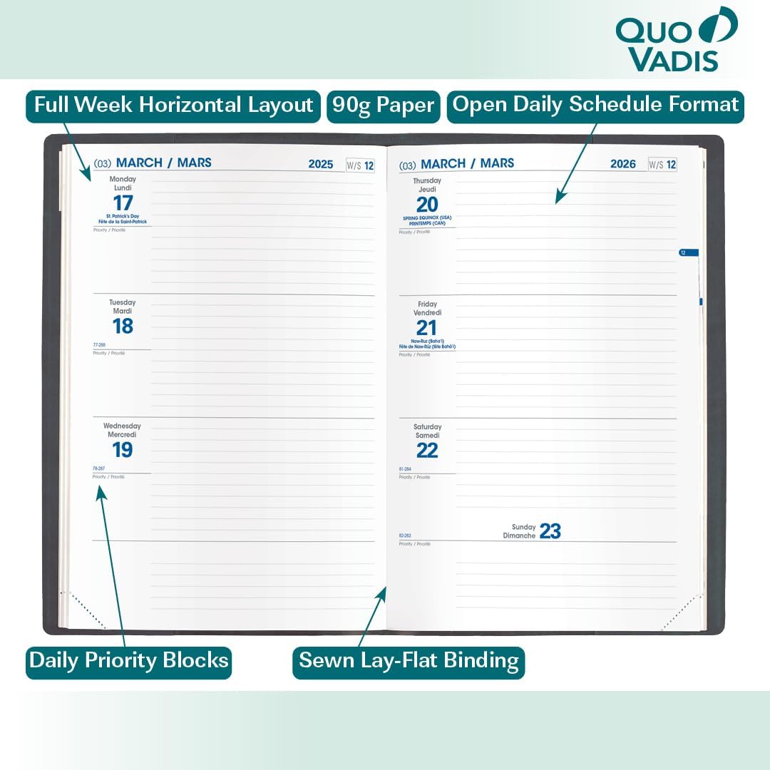 Quo Vadis 2026 Hebdo #56 Bi-Lingual Weekly/Monthly Planner - Texas Black