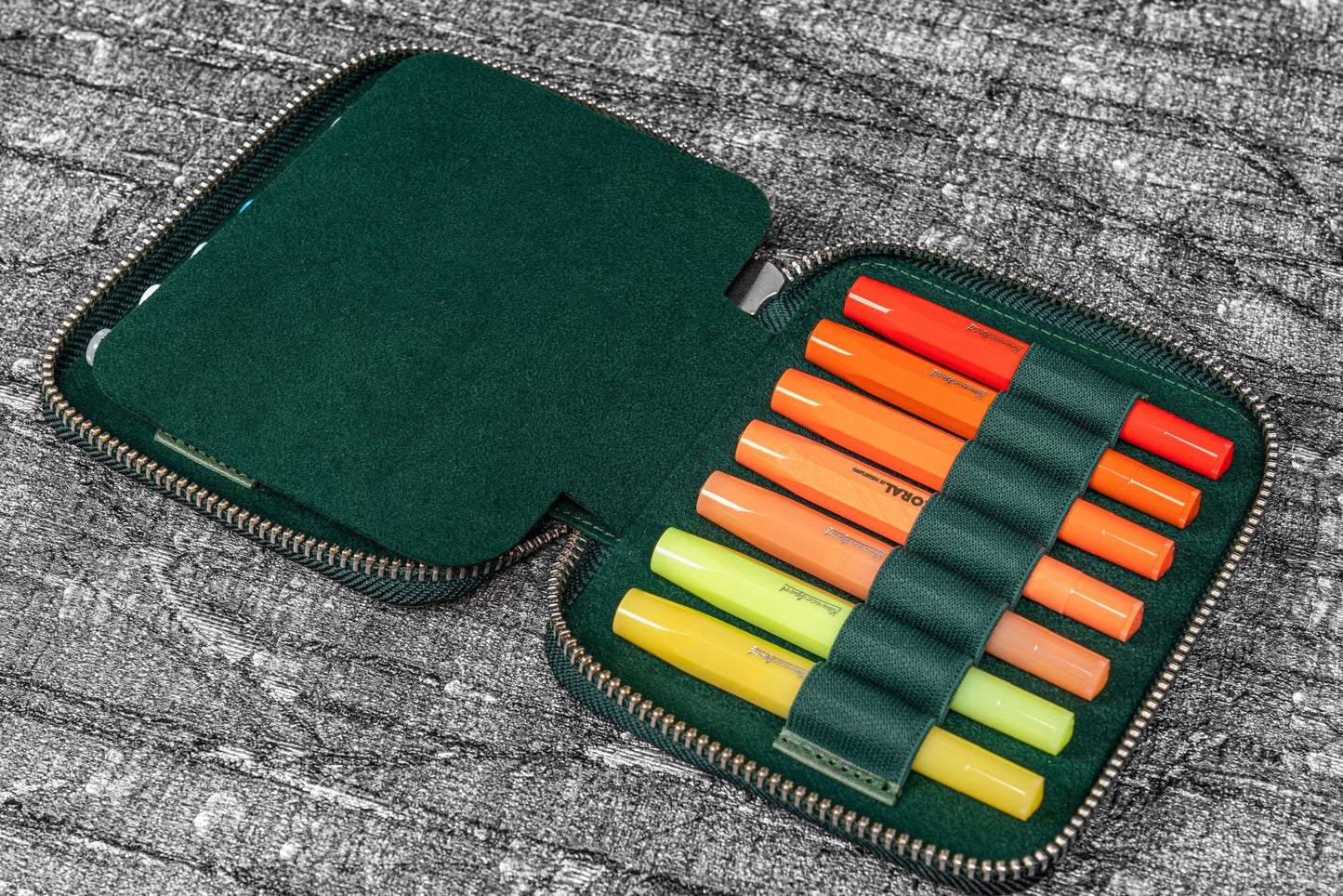 Galen Leather 14 Slot Collector Pen Case for Kaweco Pens - Crazy Horse Forest Green