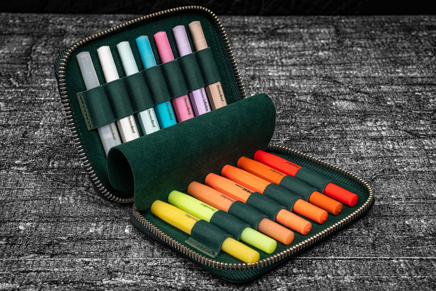 Galen Leather 14 Slot Collector Pen Case for Kaweco Pens - Crazy Horse Forest Green