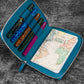 Galen Leather 5 Slot Zippered Pen Case - Crazy Horse Ocean Blue