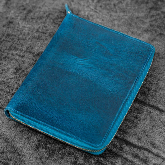 Galen Leather 5 Slot Zippered Pen Case - Crazy Horse Ocean Blue