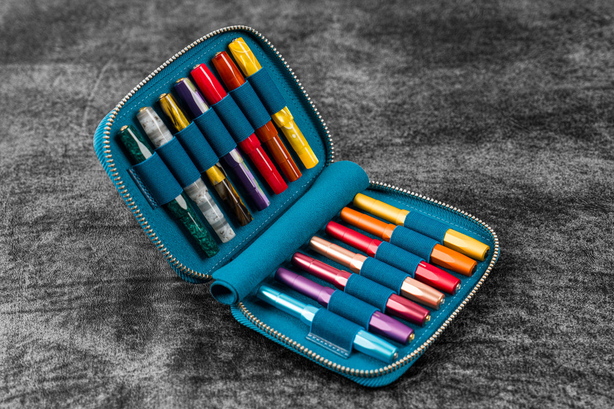 Galen Leather 14 Slot Collector Pen Case for Kaweco Pens - Crazy Horse Ocean Blue