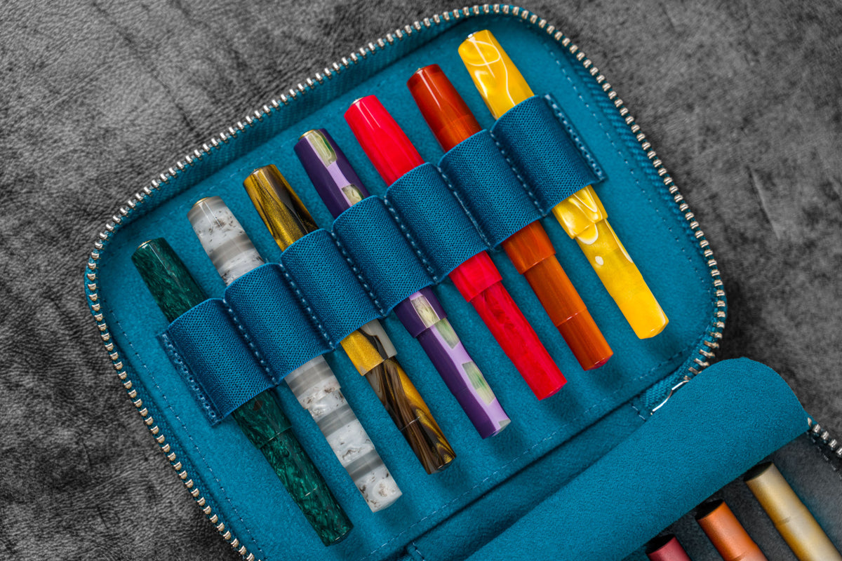 Galen Leather 14 Slot Collector Pen Case for Kaweco Pens - Crazy Horse Ocean Blue