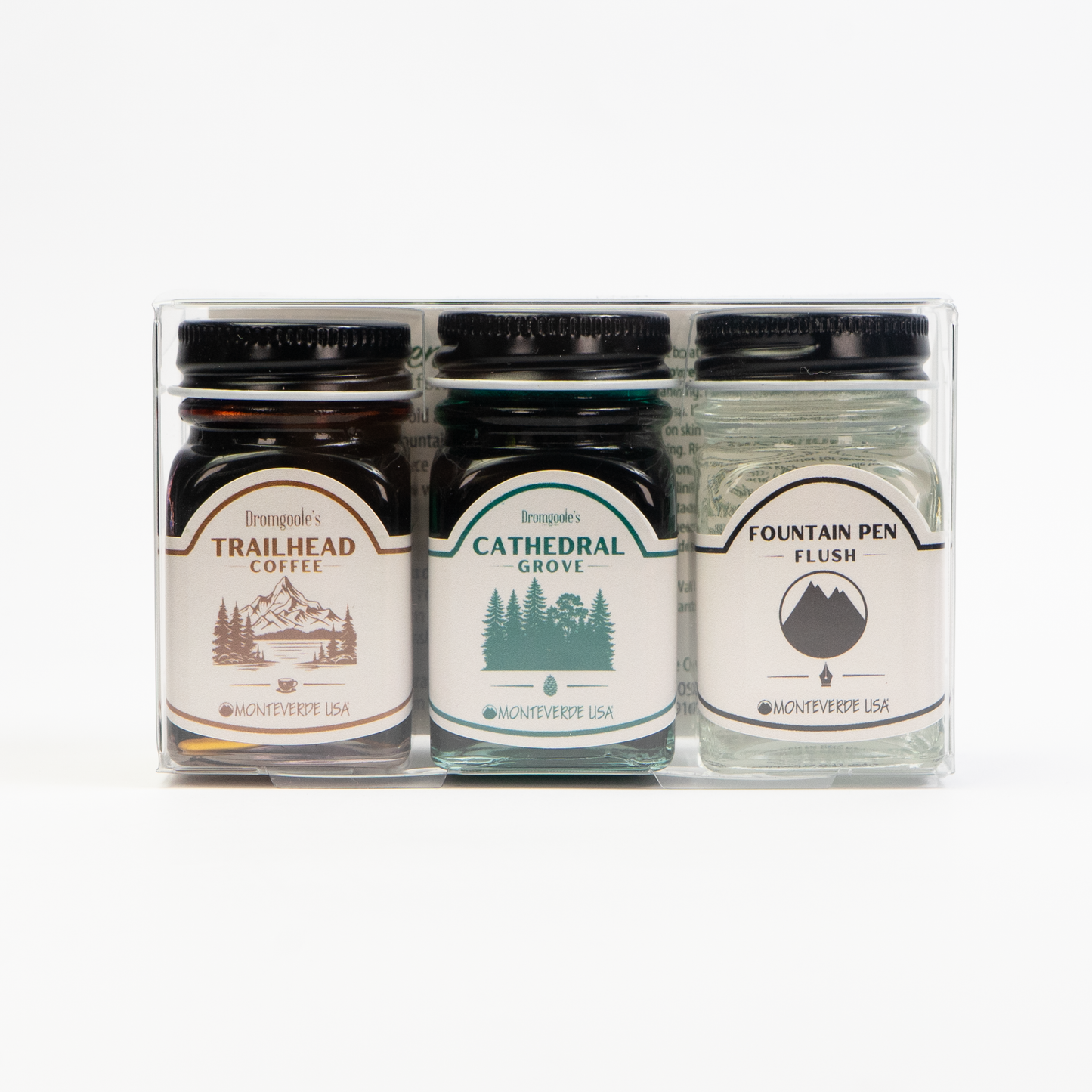Monteverde 3-Piece Bottled Ink & Fountain Pen Flush Set (30ml) - Trailhead Coffee & Cathedral Grove (Dromgoole's Exclusive)