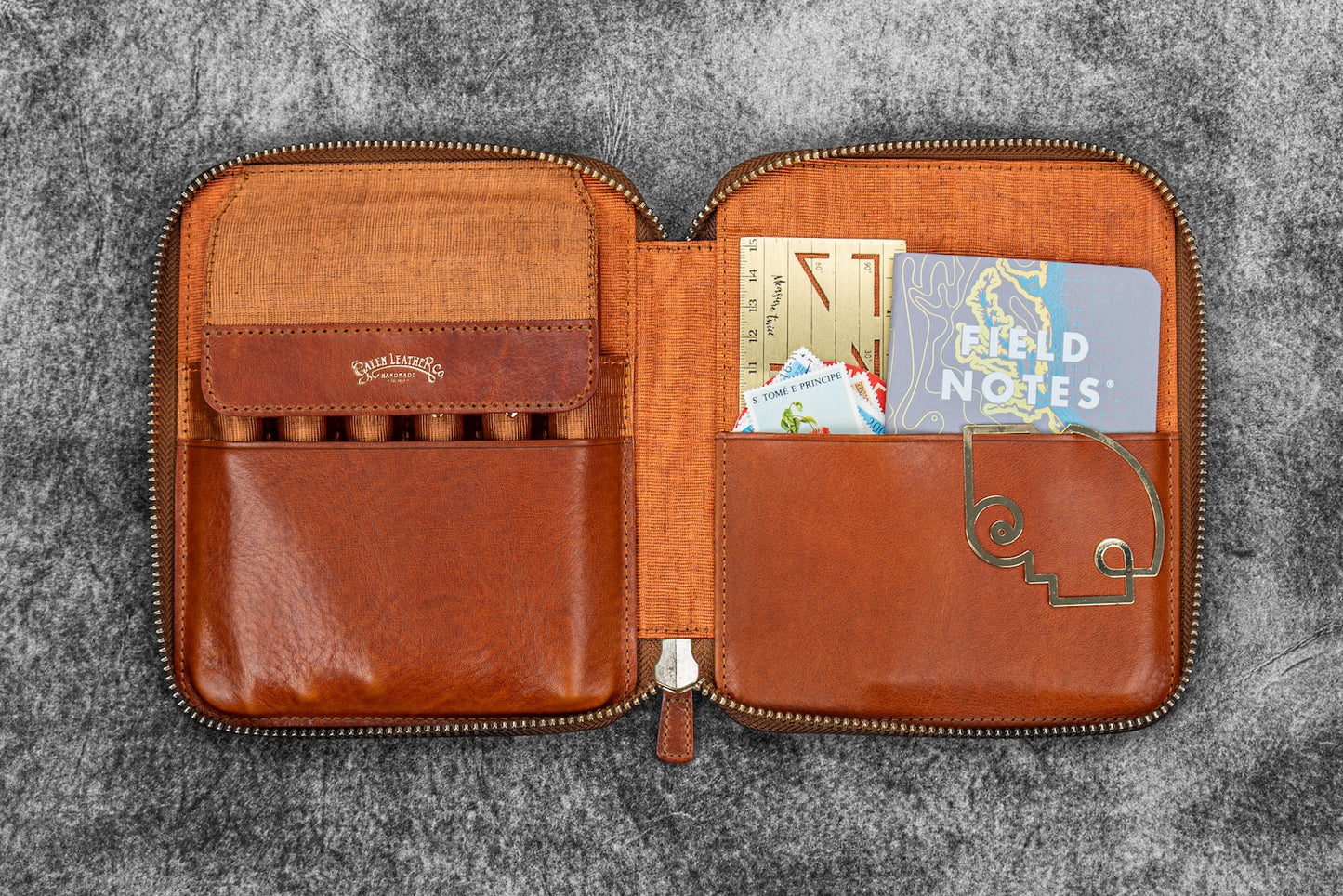 Galen Leather Legacy Collection Zippered 6 Slot Pen Case with A6 Pocket - Deep Cognac